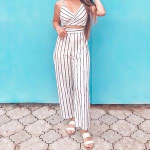 Striped Self-Tie Cami Top & Wide-Leg Pants Set